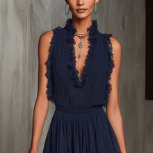 Load image into Gallery viewer, Lace Spliced V-Neck Mini Dress – Sleeveless High-Waist Ruffle Dress for Women