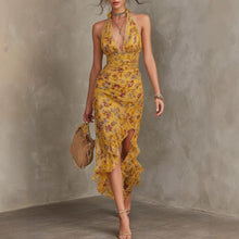 Load image into Gallery viewer, Women's Halter Neck Deep V Floral Maxi Dress | Ruffle Split Waist-Cinching Boho Dress