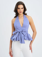 Load image into Gallery viewer, Ilene Blue and White Checkered Bubble Hem Halter Top