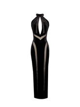 Load image into Gallery viewer, Paityn Black Velvet Mesh Cutout Halter Gown