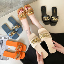 Load image into Gallery viewer, Women Sandals Design Gold Chain Closed Toe Slip On Mules Shoes Flat Heels Square Head Casual Slides Summer Slippers Open Toe Flat Sandals Metal Chain PU Leather Slides Shoes