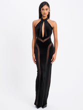 Load image into Gallery viewer, Paityn Black Velvet Mesh Cutout Halter Gown