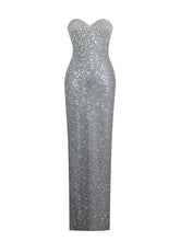 Load image into Gallery viewer, Noelle Silver Sequin Pearl-Embellished Sweetheart Maxi Dress
