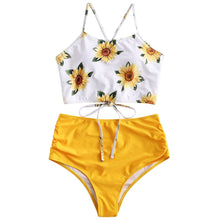 Load image into Gallery viewer, High Waist Bikini Sunflower Swimsuit Women Bikini Floral Swimsuit Floral Crop Tie Knot Front High Waist Bikini Set Two Piece Swimsuit For Women Summer High Waisted Bathing Suit