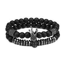 Load image into Gallery viewer, Lava Stone Combination Cubic Zircon Beads Bracelet Natural Red Tiger Eye Black Matte Onyx Stone Crown King Beads Bracelet For Men Women Fashion Charm Zircon Head Elastic Adjustable Bracelet Set Luxury Design