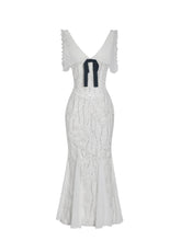 Load image into Gallery viewer, Paola White Peter Pan Collar Beaded Sequin Mermaid Midi Dress