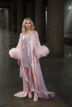 Load image into Gallery viewer, Ostrich Feather sequin mesh long robe dress with nightgown pink ivory-next day shipping
