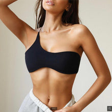 Load image into Gallery viewer, Women Single Shoulder Knot Swimsuit Short Top Swimwear One Shoulder Bikini Stripe Tie Knot Summer Vintage Black Swimsuits Bathing Top Beachwear Separates One Piece Tops