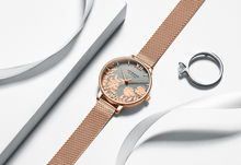 Load image into Gallery viewer, Womens Elegant Waterproof Clock With Decoupage Flower Details In Variant With Leather And Stainless Steel Knitted Belts