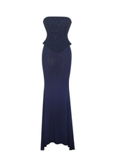 Load image into Gallery viewer, Orabelle Navy Beaded Peplum Mermaid Maxi Gown with Lace-up Back