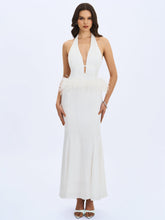 Load image into Gallery viewer, Solene Pleated Halter Backless Feather-Trim Maxi Dress