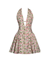 Load image into Gallery viewer, Mackenzie Green and Pink Floral Print Halter Linen Mini Dress