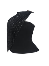 Load image into Gallery viewer, Quinette Black Peplum Top with Beaded Asymmetrical Cape
