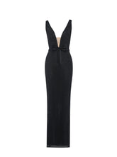 Load image into Gallery viewer, Olympia Black Belted Bow Plunging Rhinestone Maxi Dress