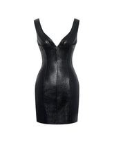 Load image into Gallery viewer, Quilia Black Vegan Crocodile Leather Plunge Mini Dress