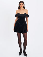 Load image into Gallery viewer, Daisha Black Lace Trimmed Off-Shoulder Ruched Mini Dress