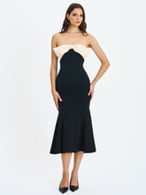 Load image into Gallery viewer, Saige Black Mermaid Midi Dress with Ivory Bow Bustline