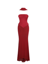 Load image into Gallery viewer, Giselle Crimson Peplum Mermaid Gown with Chiffon Scarf