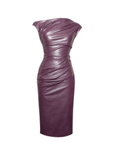 Load image into Gallery viewer, Sabina Purple Leather Slash Neck Midi Dress
