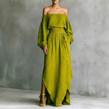 Load image into Gallery viewer, Off-Shoulder Top & Asymmetrical Maxi Skirt Set – Women's 2-Piece Outfit