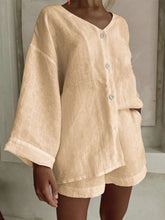 Load image into Gallery viewer, Women's Cotton Linen Shirt & Shorts Set – Long Sleeve, Button, Casual 2-Piece