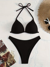 Load image into Gallery viewer, Bikini Rib Knit Solid Color Triangle 2 Piece Swimsuit for Women – Adjustable Tie Back Halter Bikini Set with Spaghetti Straps – High Stretch Polyester Swimwear for Summer Beachwear Poolside Relaxation and Tropical Vacation