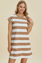 Load image into Gallery viewer, Full Size Striped Round Neck Cap Sleeve Mini Dress For Women – Striped Mini Dress, Full-Size Round Neck Dress, Comfortable Cap Sleeve Dress, Chic Striped Dress, Flattering Mini Dress, Casual Everyday Dress, Versatile Striped Dress