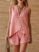 Load image into Gallery viewer, Women's Cotton-Linen V-Neck Button Sleeveless Top & Shorts Set