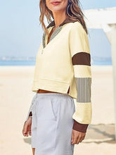 Load image into Gallery viewer, Color‑Block Cropped Polo V‑Neck Sweatshirt