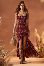 Load image into Gallery viewer, Ruffle Trim Asymmetrical Chiffon Maxi Dress – High Slit & High Waist