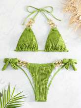 Load image into Gallery viewer, Bikini Ruched Texture Golden Chain 2 Piece Triangle Swimsuit for Women – Striped Halter Bikini Set with Bow Tie Side and Elegant Ring Link Detail – Stretchy Beachwear for Pool Bathing and Summer Vacations