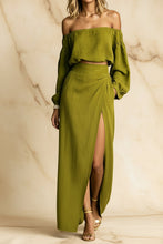 Load image into Gallery viewer, Women's Off-Shoulder Puff-Sleeve Crop Top & Wrap-Front High-Slit Maxi Skirt Set