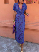 Load image into Gallery viewer, Women's Ruched Maxi Dress – V-Neck Short Sleeve, Form-Fitting Printed Elegant