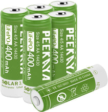 Load image into Gallery viewer, PEEKAYA 14430 Rechargeable Batteries – 3.2V 400mAh LiFePO4 Solar Batteries (6-Pack) – Long Life, High-Cycle Lithium Iron Phosphate Battery for Solar Lights, Flashlights, and More