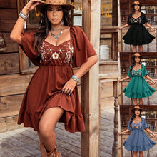 Load image into Gallery viewer, Women's Floral Embroidered Ruffle Short-Sleeve Midi Dress