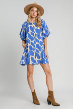 Load image into Gallery viewer, Blue Two Tone Abstract Print Puff Sleeve Dress Trendy Modern Print Dress for Women Summer Dress
