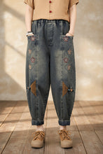Load image into Gallery viewer, Patchwork Embroidered Cropped Harem Pants – Women's Wide Leg High Waist Denim