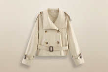 Load image into Gallery viewer, Women's Notch-Collar Short Trench Coat with Belt Buckle Detail