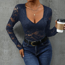 Load image into Gallery viewer, Women’s Lace Long Sleeve Bodysuit – Deep V Neck Solid Top