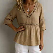 Load image into Gallery viewer, Women's V-Neck Hollow-Out Fringe Cotton-Linen Top