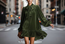 Load image into Gallery viewer, Women’s Bow-Tie Puff Sleeve Dress – Elegant Asymmetric Ruffle Hem Short Dress