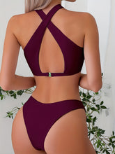 Load image into Gallery viewer, Bikini Criss Cross Neck 2 Piece High Cut Flattering Swimsuit for Women – Elegant Solid Color Bikini Set with Stretchy Cross Strap Detailing – Comfortable and Stylish Swimwear for Poolside Lounging Beach Days & Summer Vacations