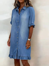 Load image into Gallery viewer, Women's Faux Denim Ruffle-Sleeve Shirt Dress