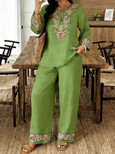 Load image into Gallery viewer, Women’s Ethnic Two Piece Set with Long Sleeve Shirt and Cropped Pants