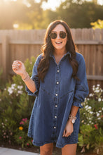 Load image into Gallery viewer, Women's Three-Quarter Sleeve Denim Dress – Ruffle Detail Mid-Length