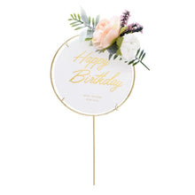 Load image into Gallery viewer, 1Pcs Metal Happy Birthday Cake Topper Artificial flowers Cake Toppers Happy Birthday Cake Topper Metal And Acrylic Cake Decoration With Pink Artificial Flower Cluster For DIY Baby Shower Birthday Party Decoration Baking Decor