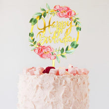 Load image into Gallery viewer, 1Pcs Metal Happy Birthday Cake Topper Artificial flowers Cake Toppers Happy Birthday Cake Topper Metal And Acrylic Cake Decoration With Pink Artificial Flower Cluster For DIY Baby Shower Birthday Party Decoration Baking Decor