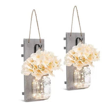 Load image into Gallery viewer, 2 Pack Rustic Jar Fairy Strip Lights Wall Decor Hydrangea Sconces Decorative Home Chic Hanging LED FlowersHanging Design with Remote Control LED Fairy Lights and White Peony, Farmhouse Kitchen Decorations Wall Home Decor Living Room Lights Set of Two