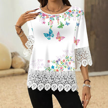 Load image into Gallery viewer, Printed Patchwork Three-Quarter Sleeve Top – Women's Loose Fit Pullover