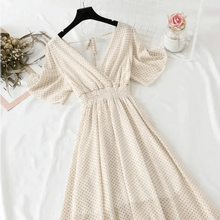 Load image into Gallery viewer, Summer Women Ruffled Short-sleeved Chiffon Dress V-neck High Waist Floral Print Beach Midi Dresses For Women